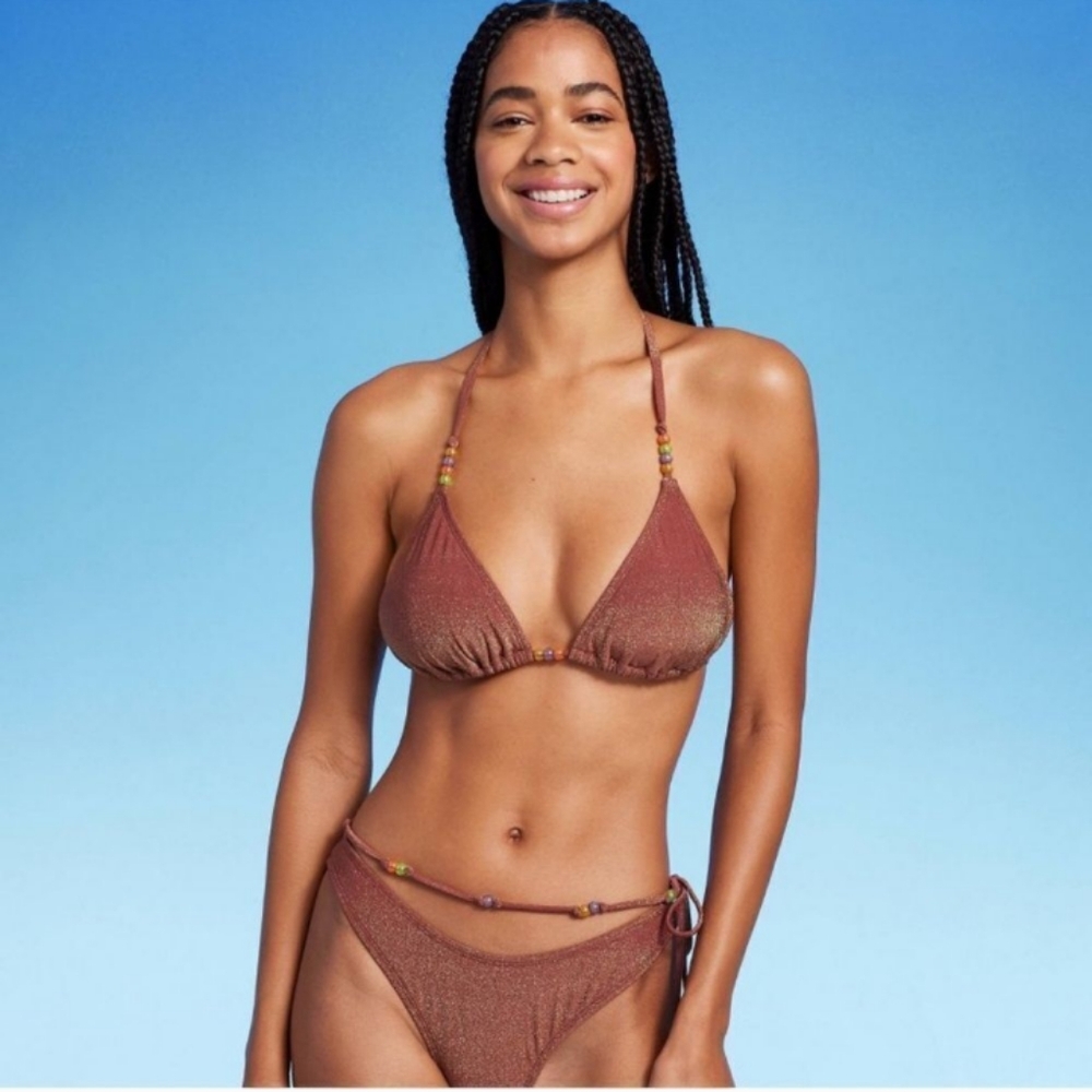Bikini Set-Brown Glitter Beaded Triangle Top-high Waist-high Leg Tie Bottom
